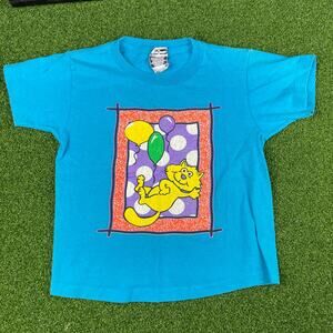 Vintage Made in USA Kitty Cat Birthday Theme Turquoise Pre School T-Shirt Sz M
